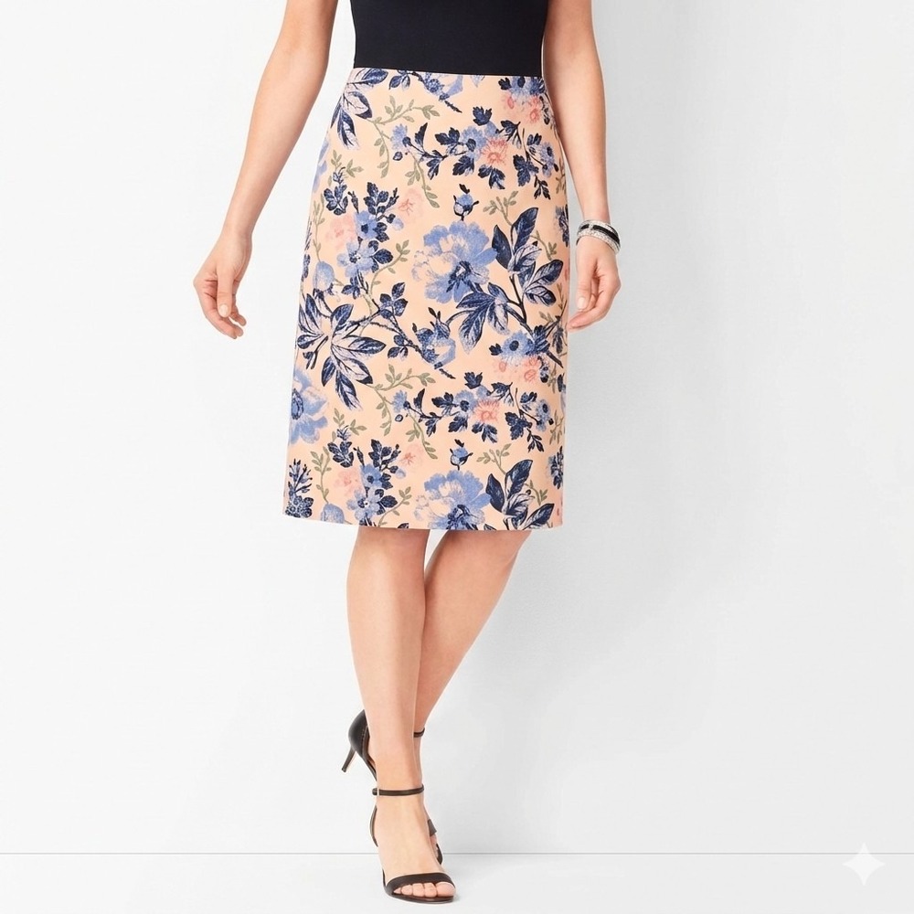 TALBOTS 10 Peach Blue Floral‎ Cotton Stretch Pencil Skirt Career Artistic
